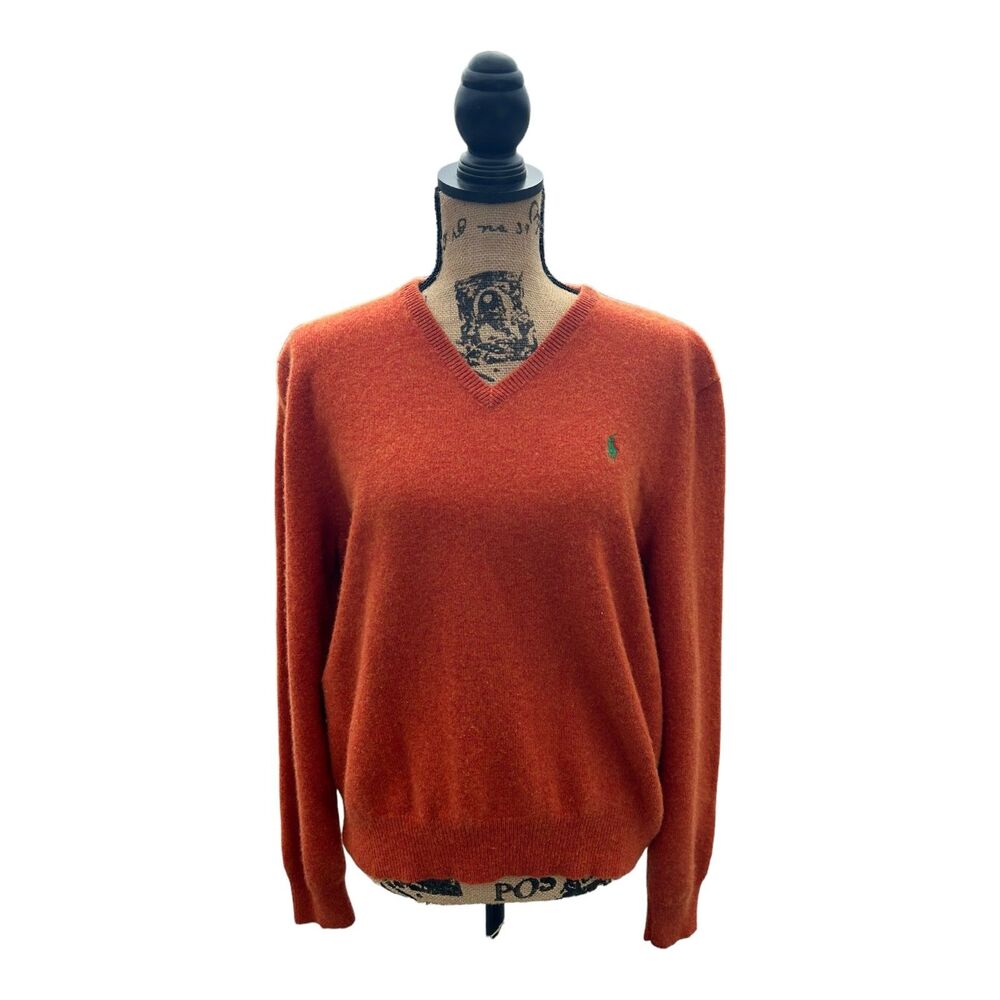 Polo by Ralph Lauren Men's Sweater Lambs Wool V-Neck Knit Pullover Orange XL
